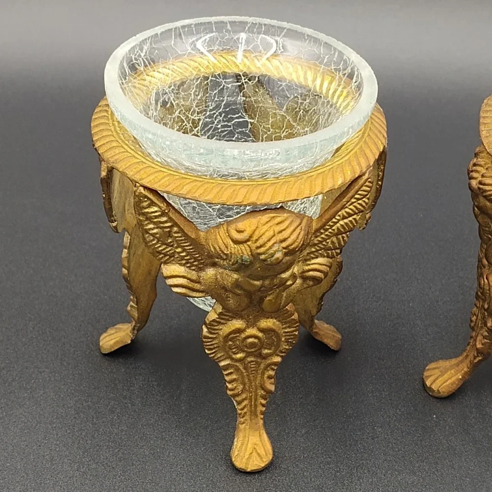 ✅📸Set-2 Brass Angel Footed Holder Vintage Cups Glass Candle Stand Orb India📏👀